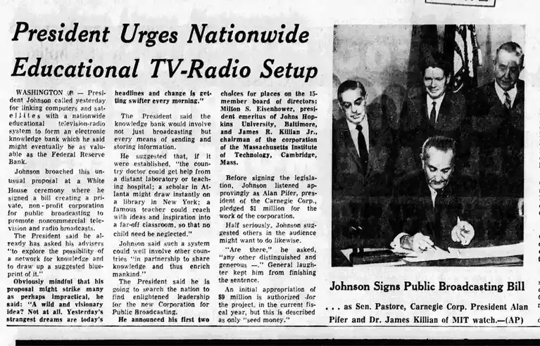 A black-and-white newspaper clipping shows President Johnson signing a bill, with three men in suits watching. The headline…