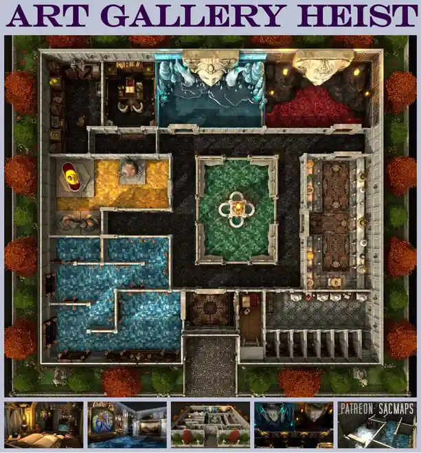 An overhead view of a fantasy-style art gallery floor plan with ornate rooms, fountains, and decorative elements, overlaid…