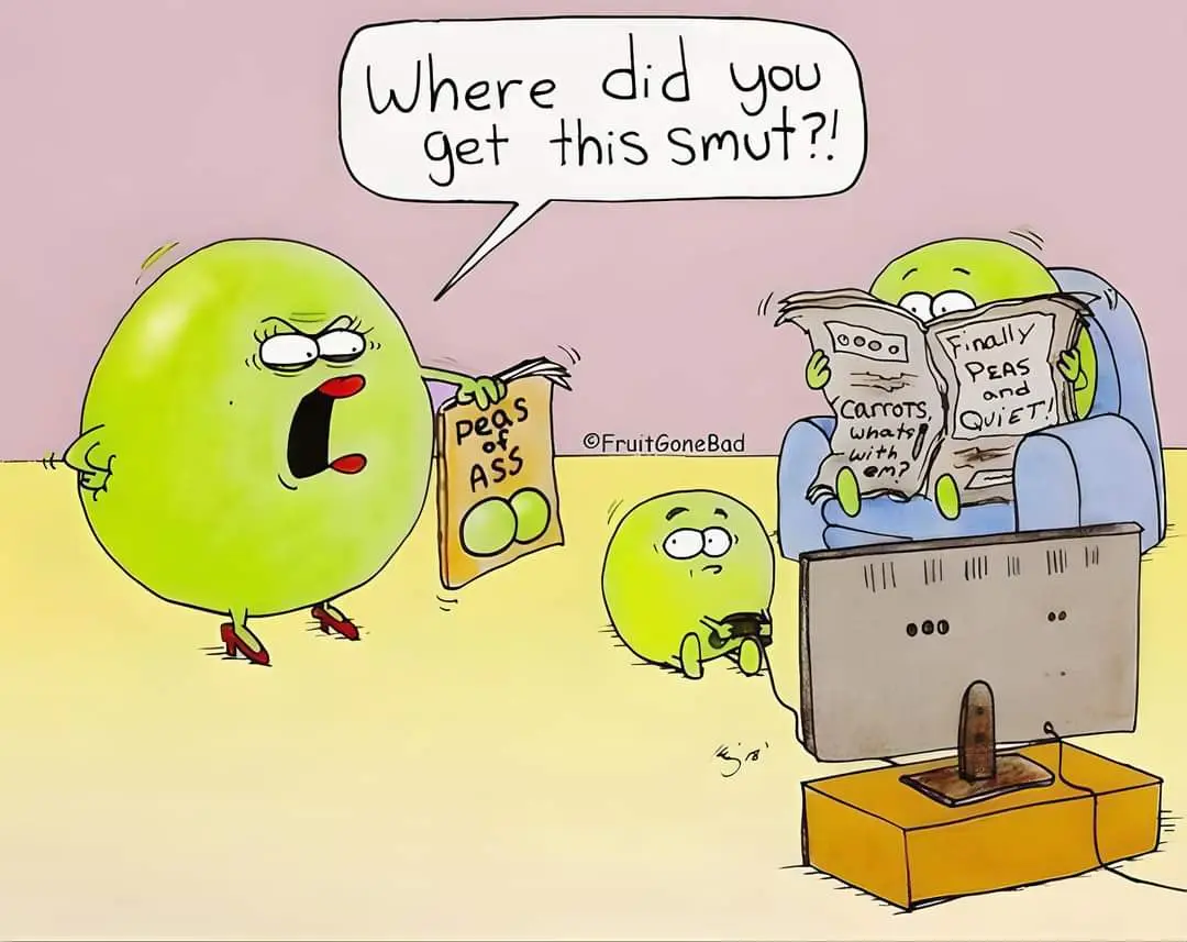 A cartoon depicts an angry green pear-like character in red heels yelling 'Where did you get this smut?!' while holding a…