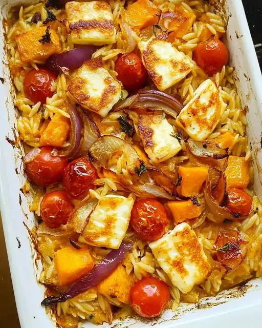 a close-up photo of a baked dish in a white rectangular baking dish, featuring orzo pasta mixed with roasted cherry…