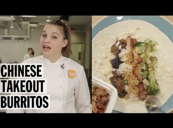 A split-screen image shows a woman in a chef's coat looking surprised or confused, while the other side displays a burrito…