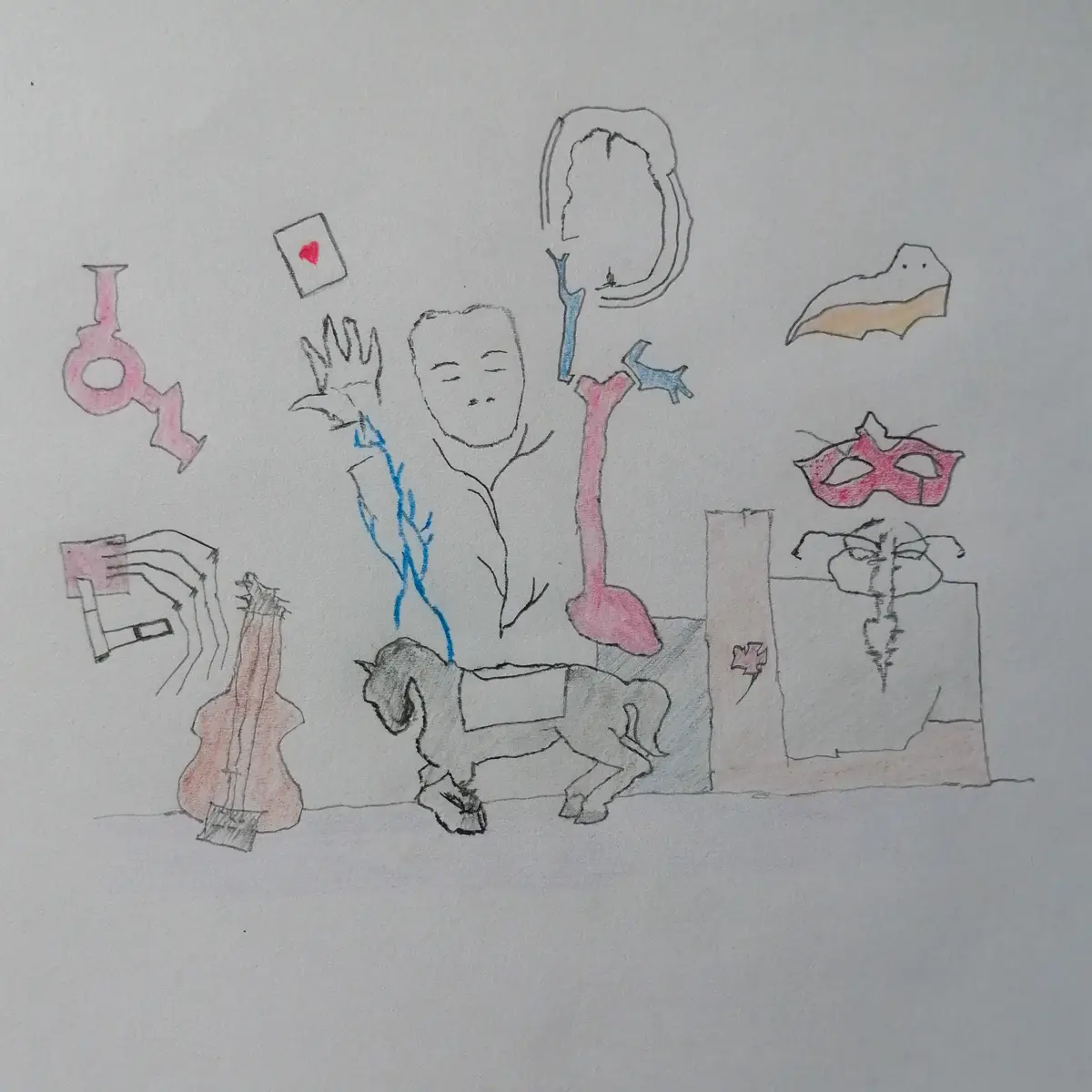 A hand-drawn, colorful sketch shows a central figure with closed eyes and raised hands, surrounded by floating symbolic…