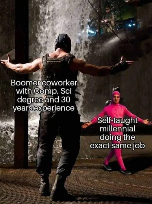 A muscular man in black tactical gear stands with arms outstretched in front of a waterfall, labeled 'Boomer coworker with…