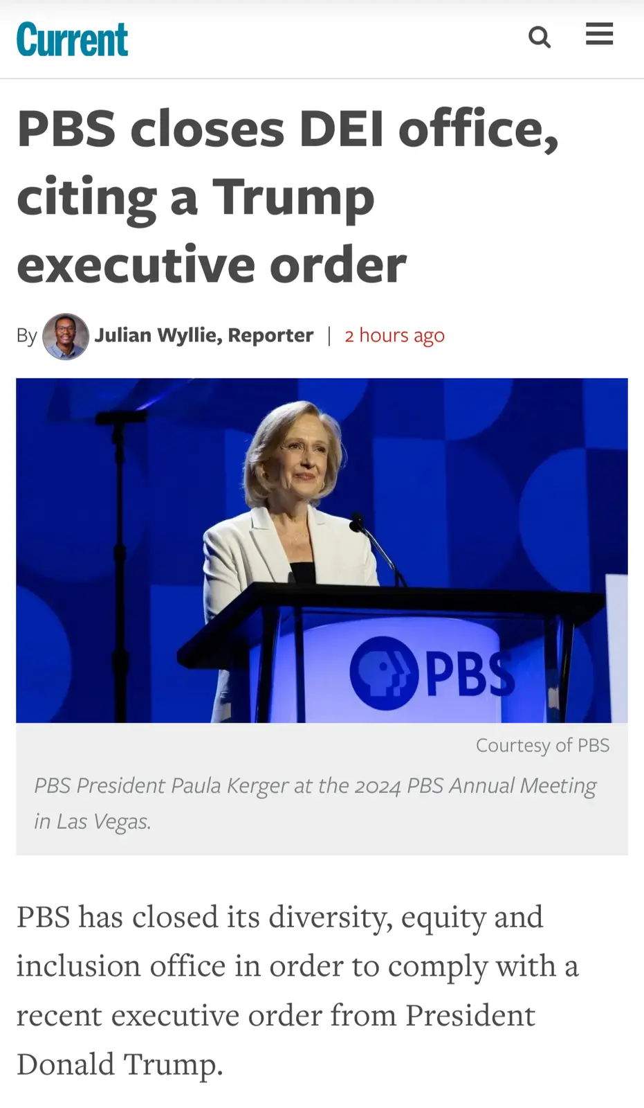 A screenshot of a Current news article shows PBS President Paula Kerger speaking at a podium with the PBS logo. The headline…