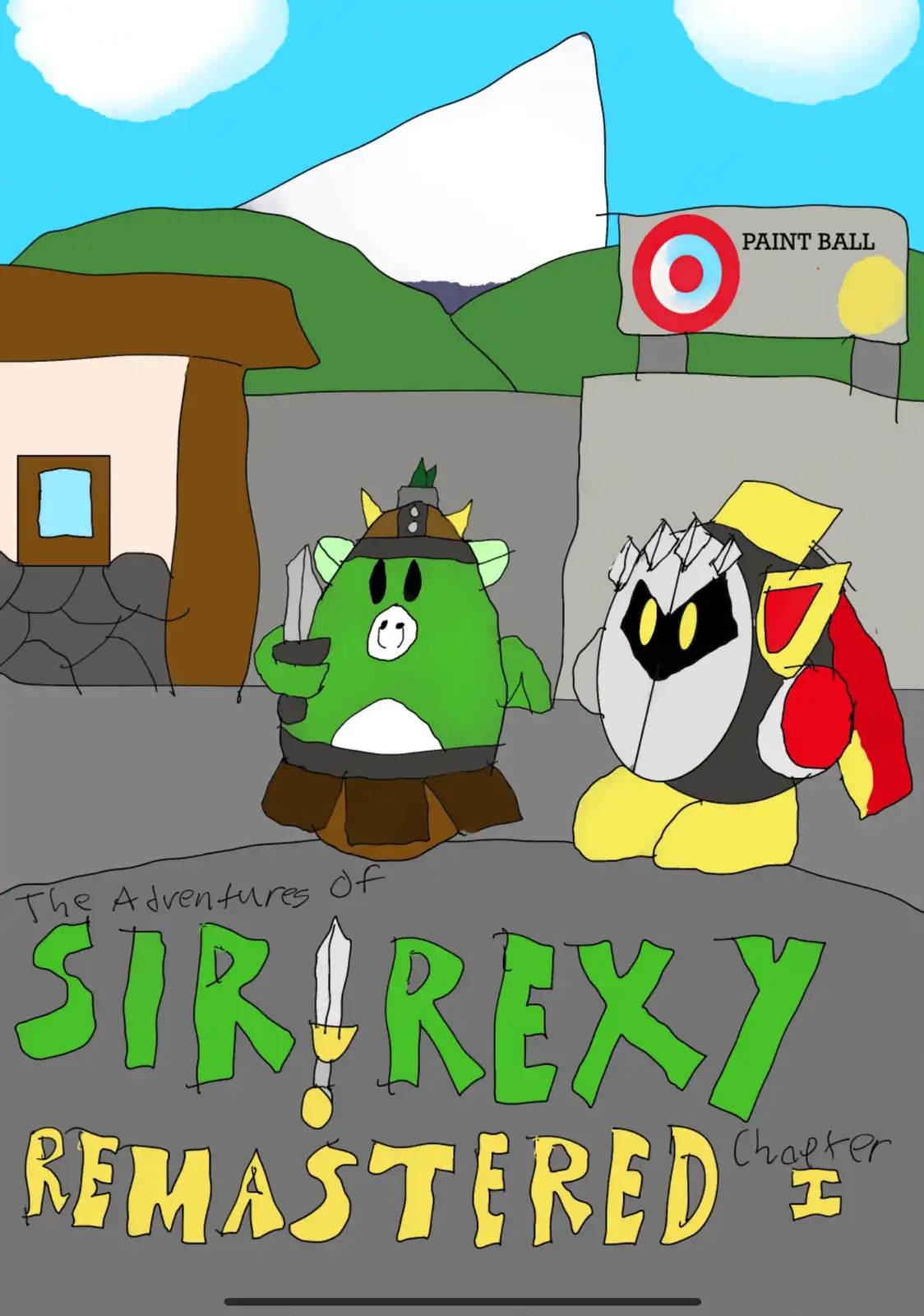 A cartoon drawing shows two stylized characters, one green and one silver, standing in front of a building with a 'PAINT…
