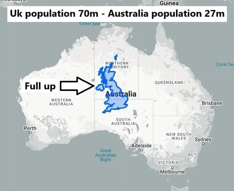 A map of Australia with a blue silhouette of the UK superimposed over its northern territory. Text at the top states 'Uk…