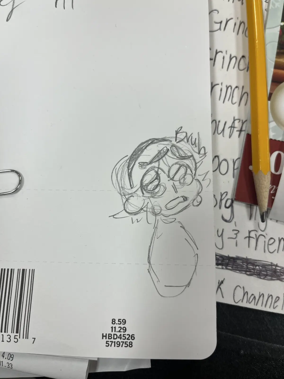 A rough pencil sketch of a cartoon character with wide, panicked eyes and an open mouth, drawn on a white paper that…