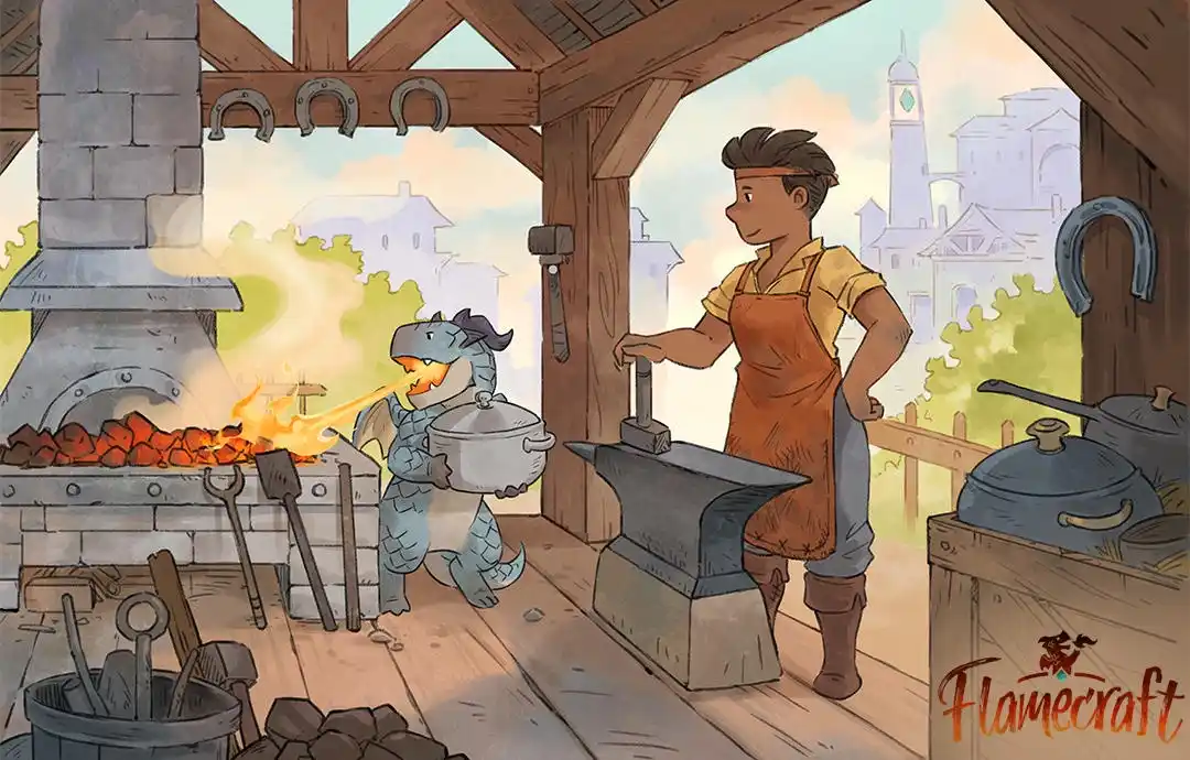 In a rustic forge, a young human blacksmith in an apron stands beside an anvil, while a small blue dragon breathes fire onto…