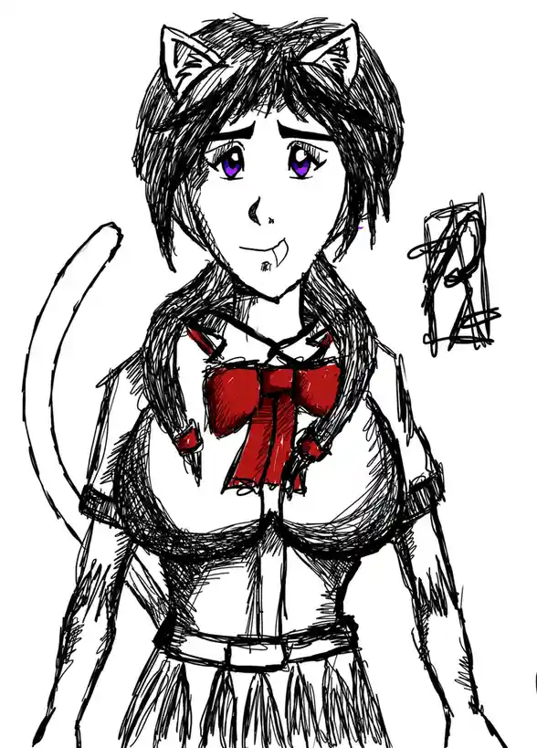 A sketch-style drawing of an anime girl with cat ears, a tail, fangs, and purple eyes, wearing a school uniform with a red…