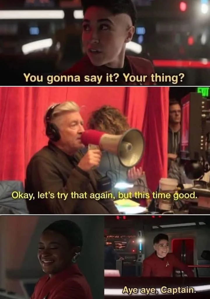 A three-panel meme from Star Trek: Discovery. The top panel shows a character asking, 'You gonna say it? Your thing?' The…