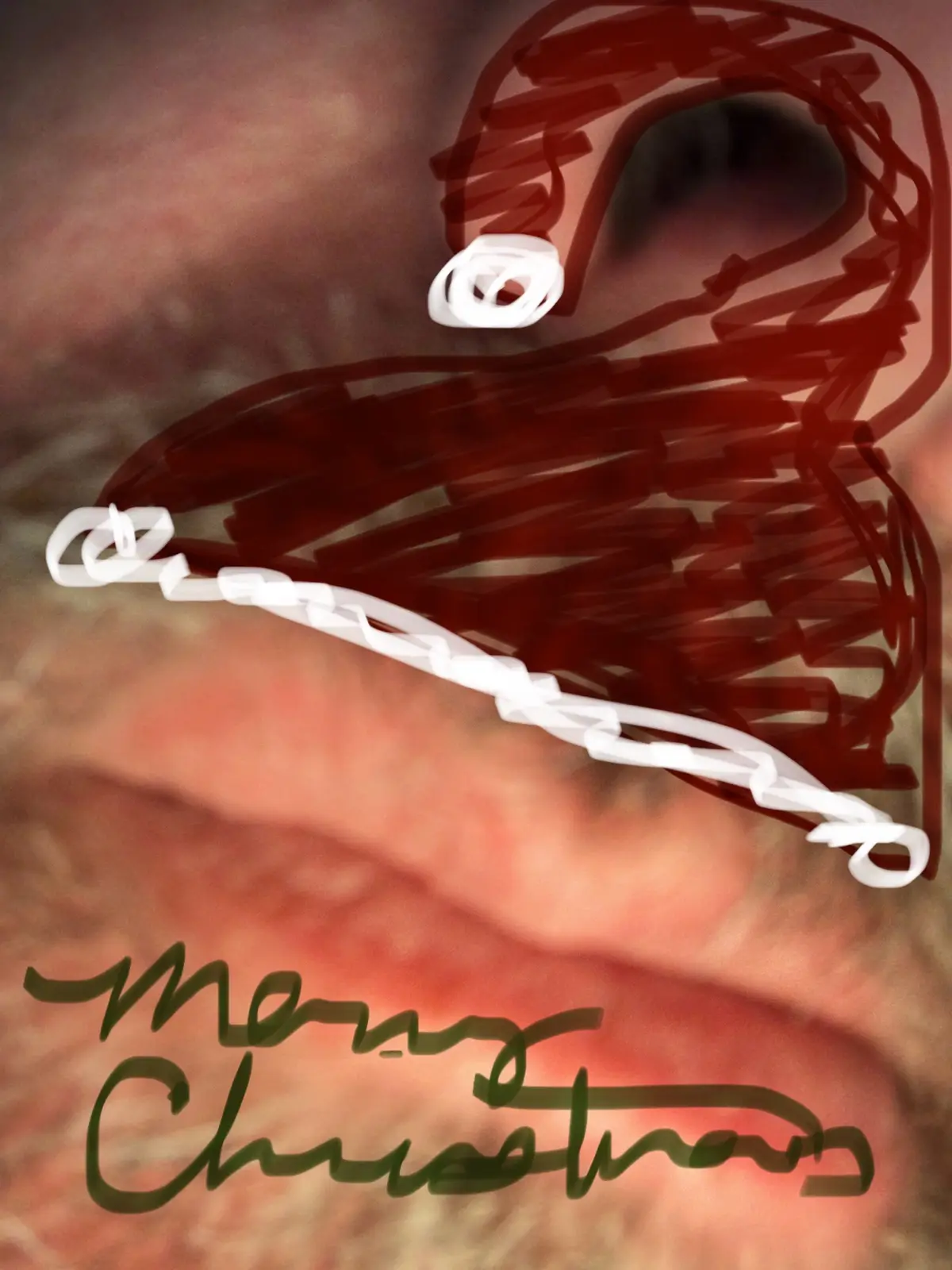 A close-up image of a person's face, heavily obscured by red scribbles and a white chain-like line drawn across the eyes and…