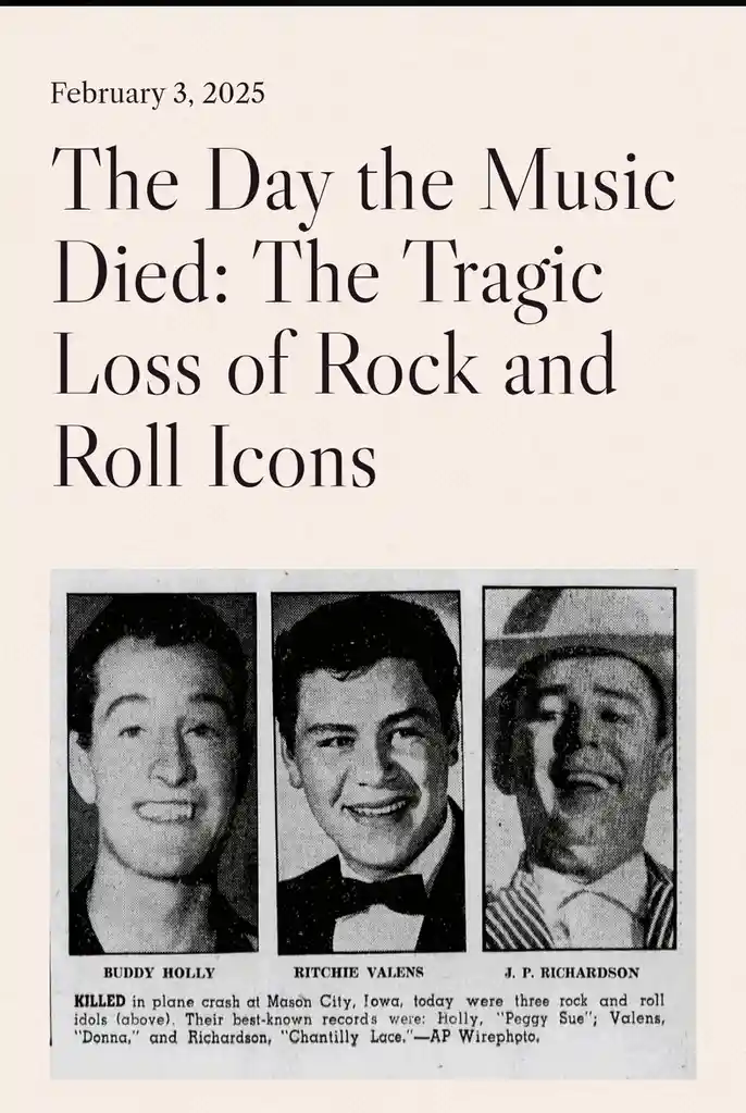 A fake newspaper clipping dated February 3, 2025, with the headline 'The Day the Music Died: The Tragic Loss of Rock and…