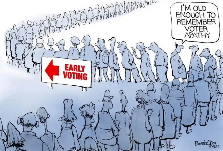 A cartoon depicts a long, winding line of people waiting to vote, with a sign pointing left that reads 'EARLY VOTING'. One…
