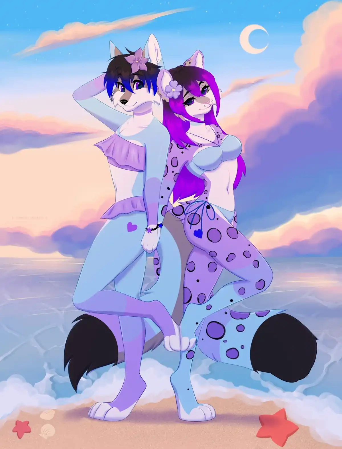 Two anthropomorphic feline characters, one with blue and brown hair and the other with purple hair, are standing…