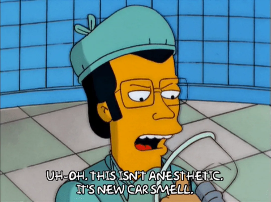 A cartoon character resembling a dentist with glasses and a green cap looks alarmed while holding a dental tool. The…