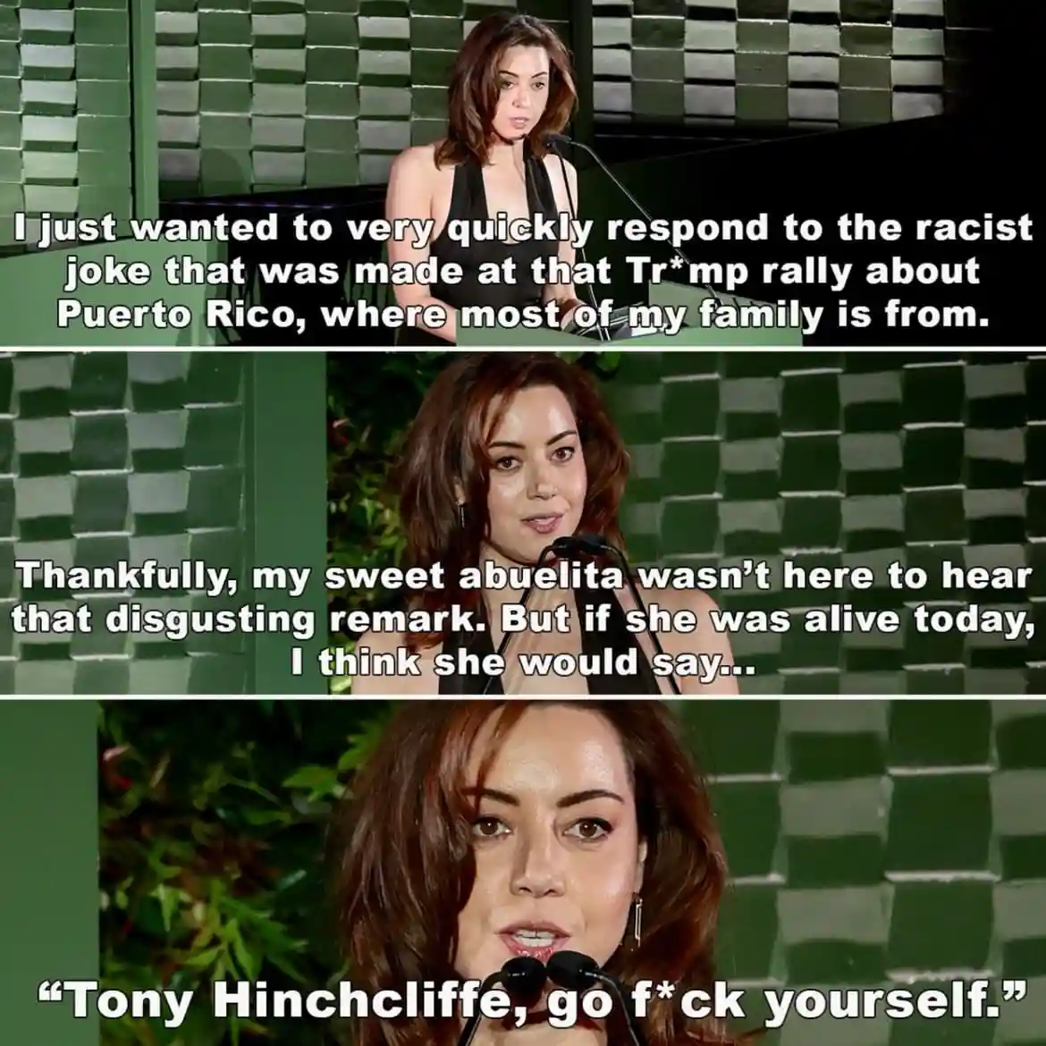 A three-panel meme featuring actress Aubrey Plaza speaking at an event. The text overlays describe her responding to a…