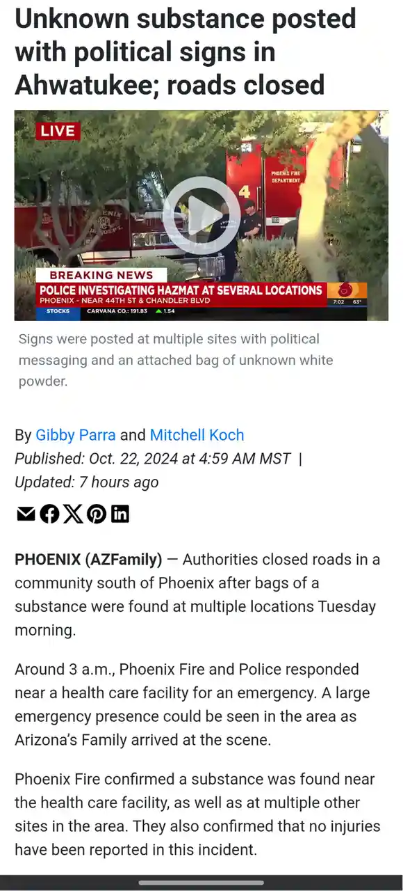 A screenshot of a news article about an incident in Ahwatukee, Arizona, where unknown white powder was found attached to…