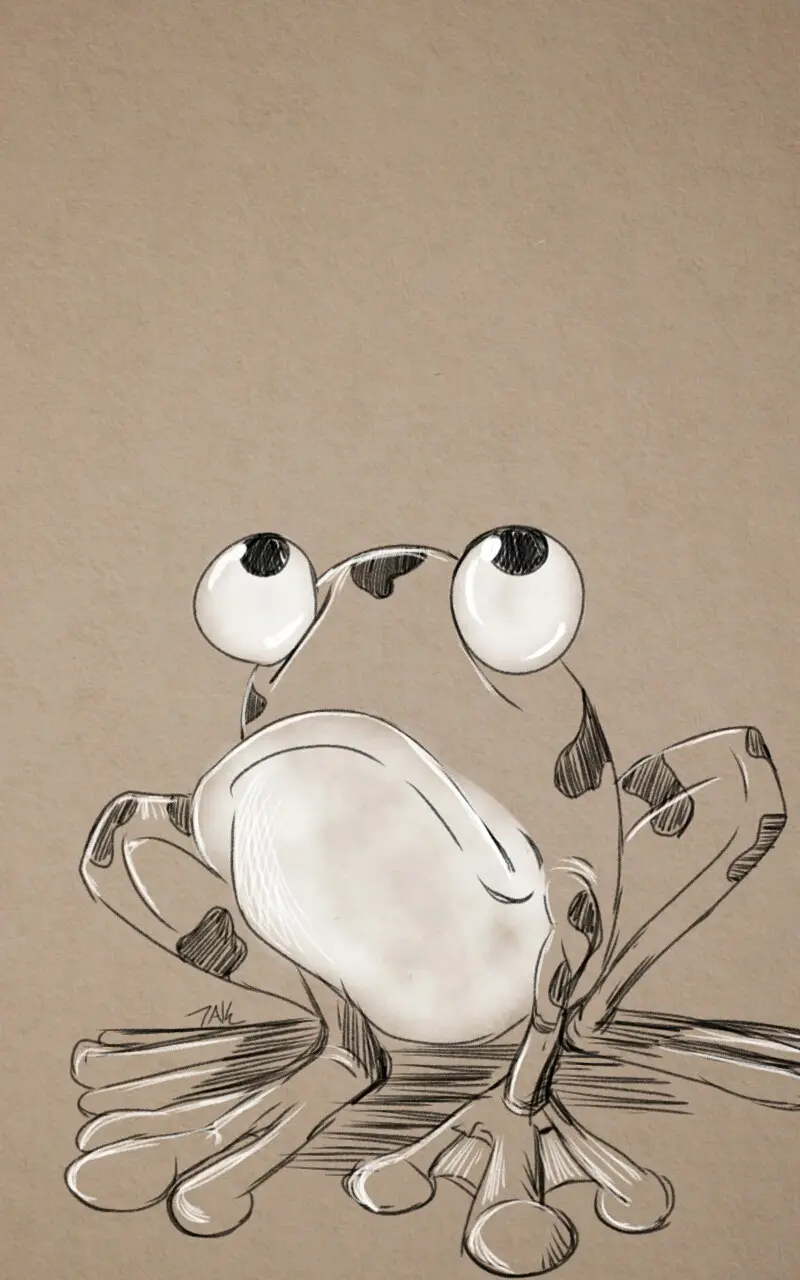 A hand-drawn sketch of a cartoon frog with disproportionately large, bulging eyes and a very round, swollen belly, sitting…