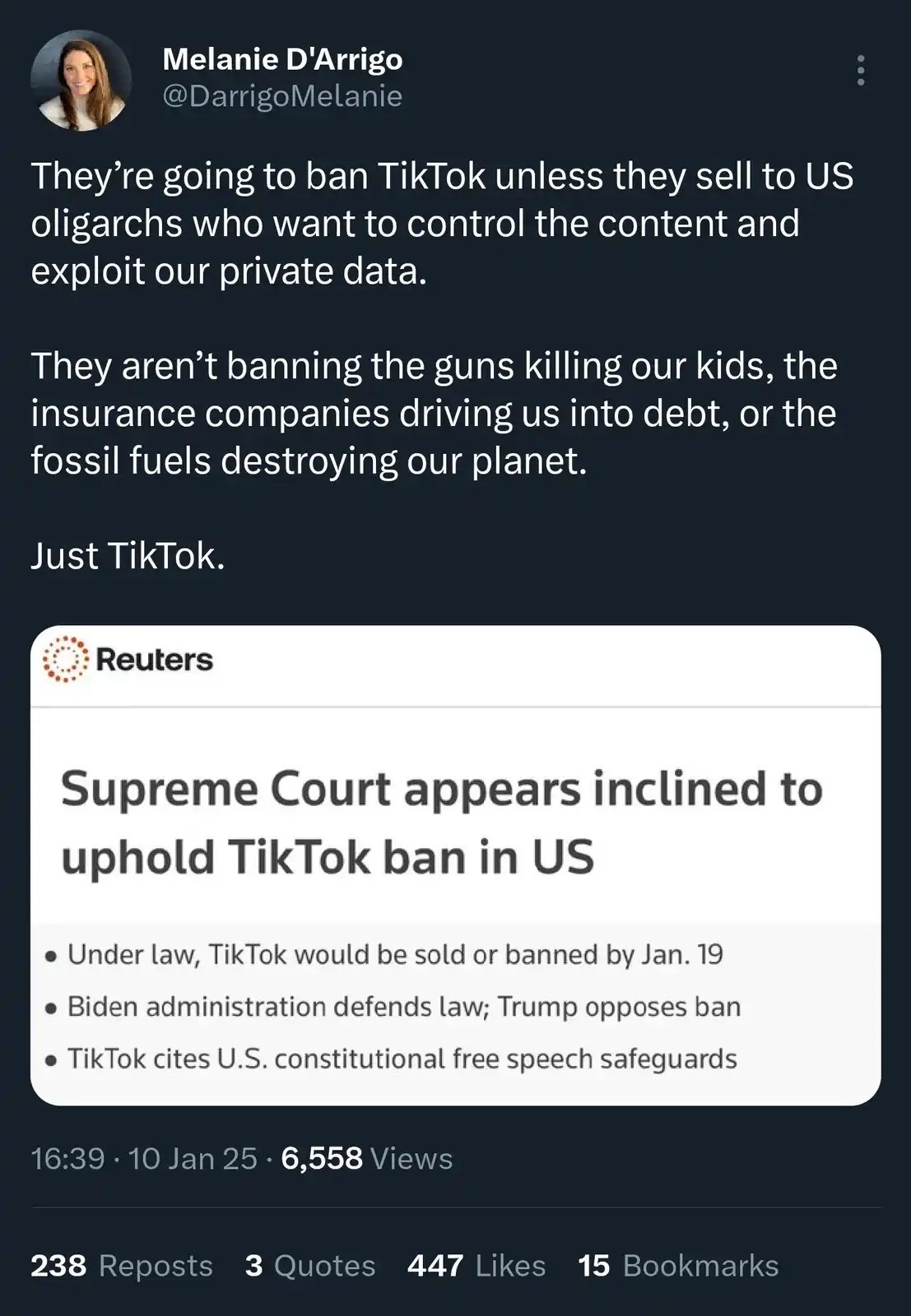 A screenshot of a tweet by Melanie D'Arrigo criticizing the U.S. government's focus on banning TikTok while ignoring larger…