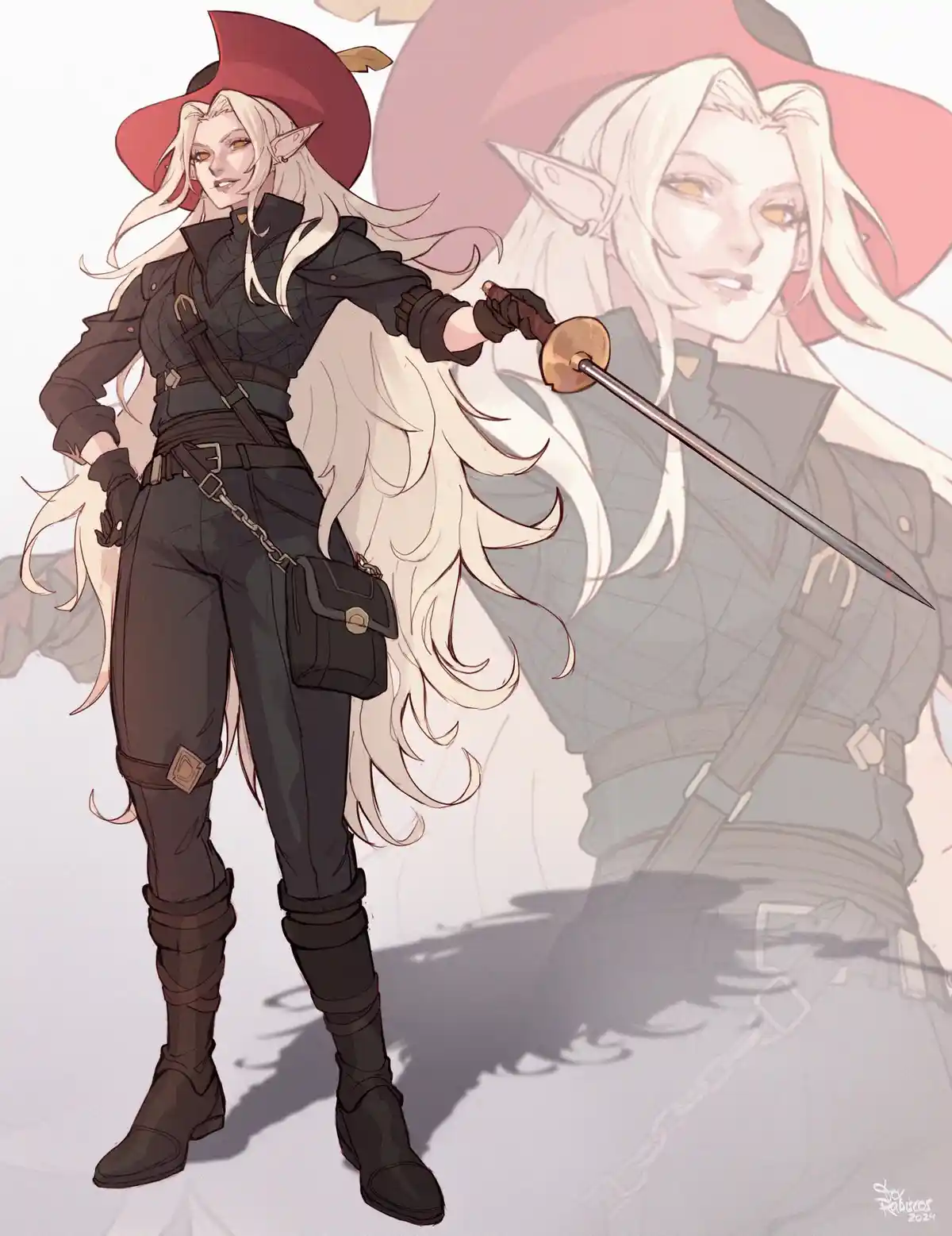 An anime-style elf woman with long white hair, pointed ears, and a red hat stands confidently in dark clothing holding a…