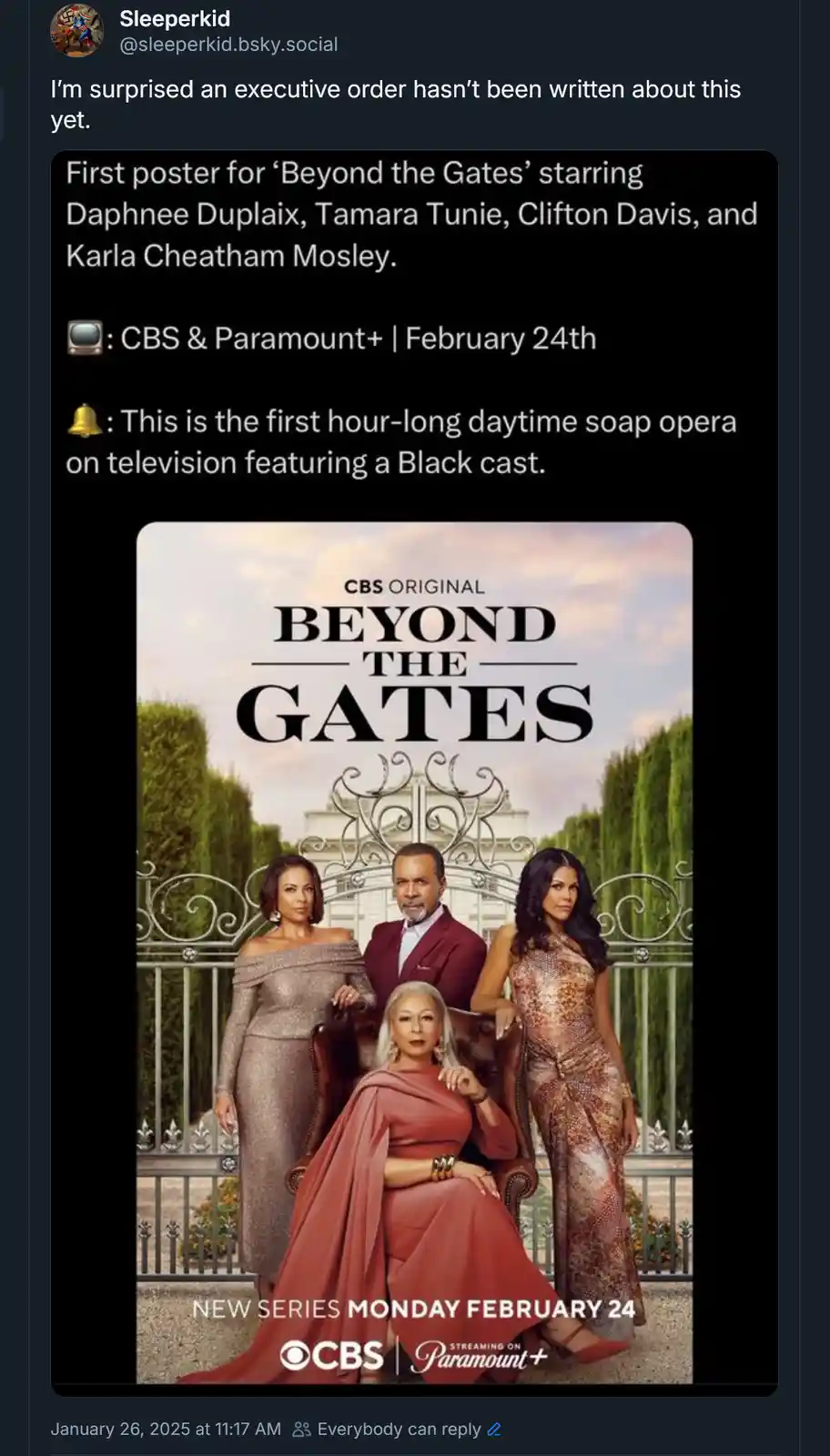 The image shows a promotional poster for the CBS Original TV series 'Beyond the Gates,' featuring four actors posing in…