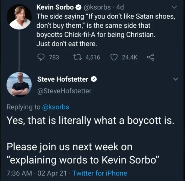 A screenshot of a Twitter thread shows Kevin Sorbo complaining that boycotting Chick-fil-A for being Christian is…