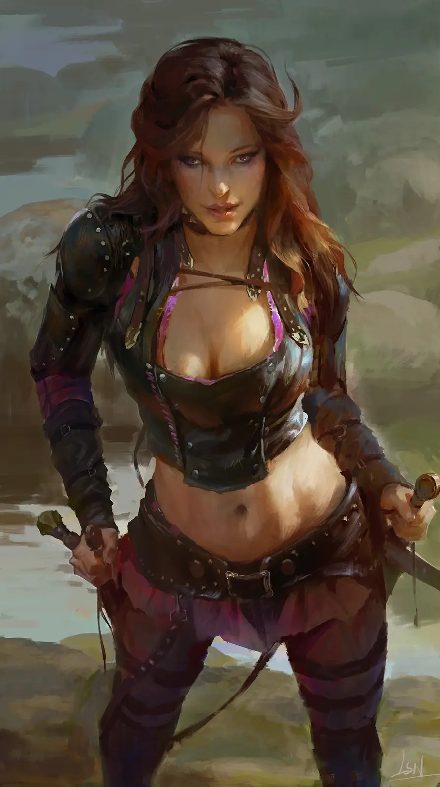 A digital painting of a female warrior with long brown hair, wearing a revealing leather outfit with armor pieces, holding…