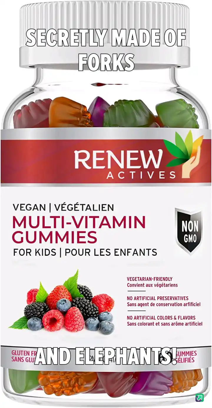 A bottle of 'Renew Actives' vegan multi-vitamin gummies for kids, featuring a label with berries and claims like 'non-GMO'…