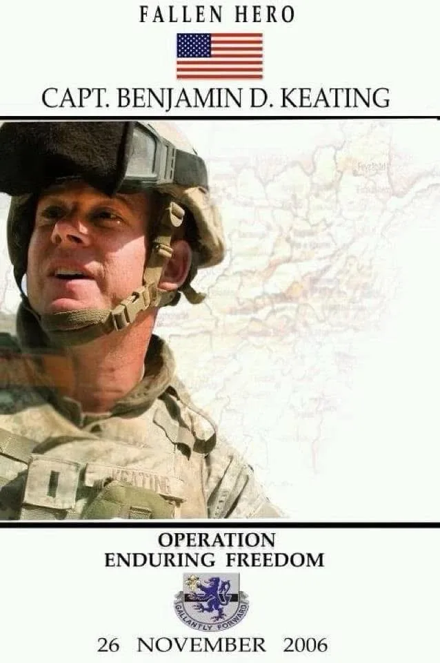 A solemn military memorial poster features a photo of a smiling U.S. Army captain in combat gear, with an American flag and…