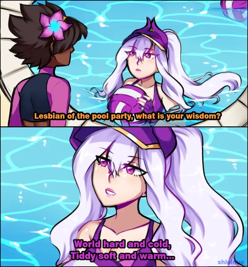 Two anime-style characters are at a pool party. In the top panel, a dark-haired person with a flower in their hair asks a…