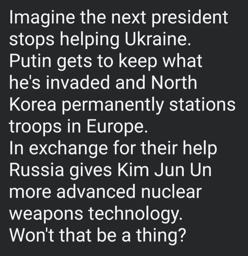 The image is a plain black background with white text that presents a hypothetical geopolitical scenario involving the U.S…