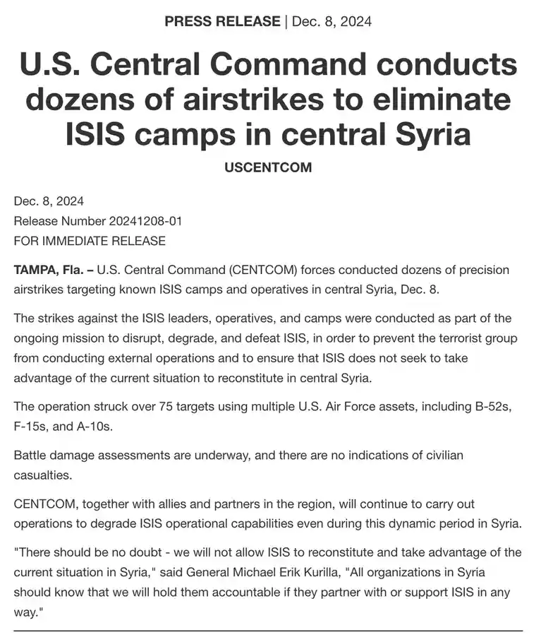 The image displays a fake press release dated Dec. 8, 2024, from U.S. Central Command (USCENTCOM) announcing airstrikes…