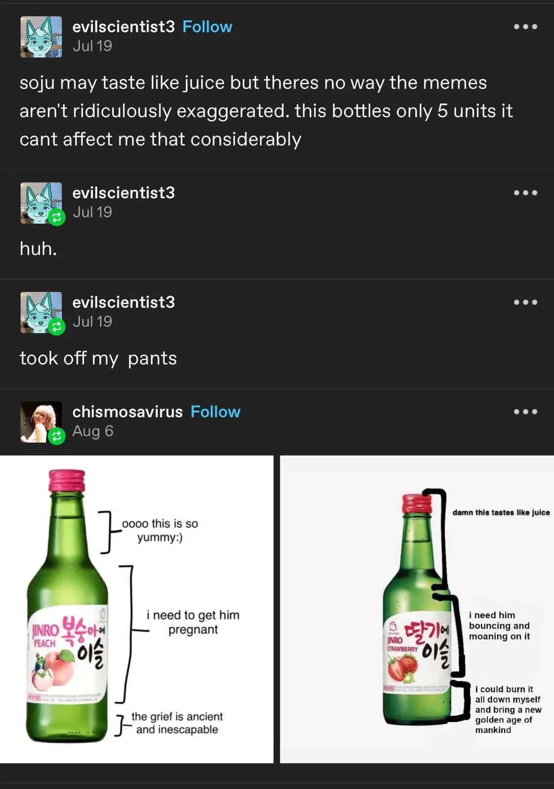 The image shows two side-by-side panels of green soju bottles. The left panel, labeled 'JINRO PEACH', has text overlays like…