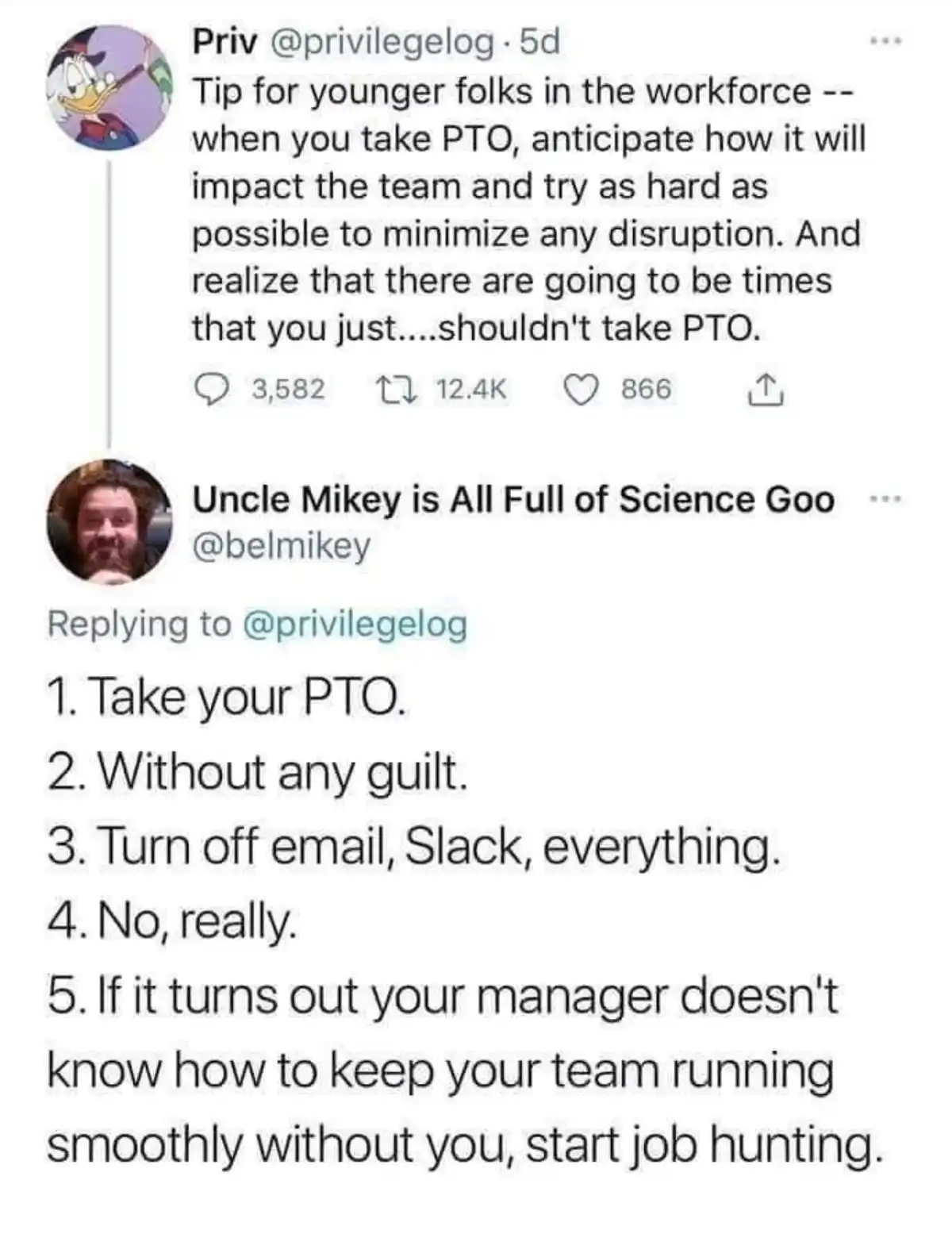 A screenshot of a Twitter thread where a user advises younger workers to anticipate team disruption when taking PTO and to…
