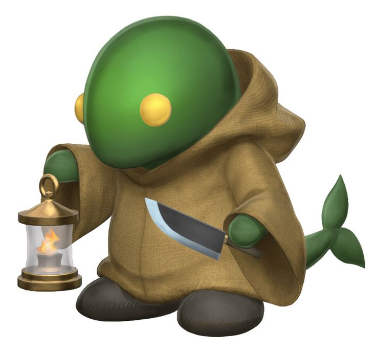 A green-skinned, fish-tailed character in a brown hooded robe holds a lit lantern in one hand and a large knife in the…