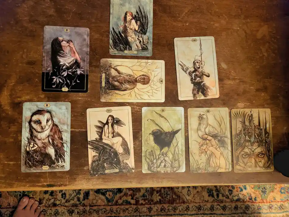 Eight ornate tarot cards are laid out on a wooden table, depicting various mystical figures and animals including a woman…