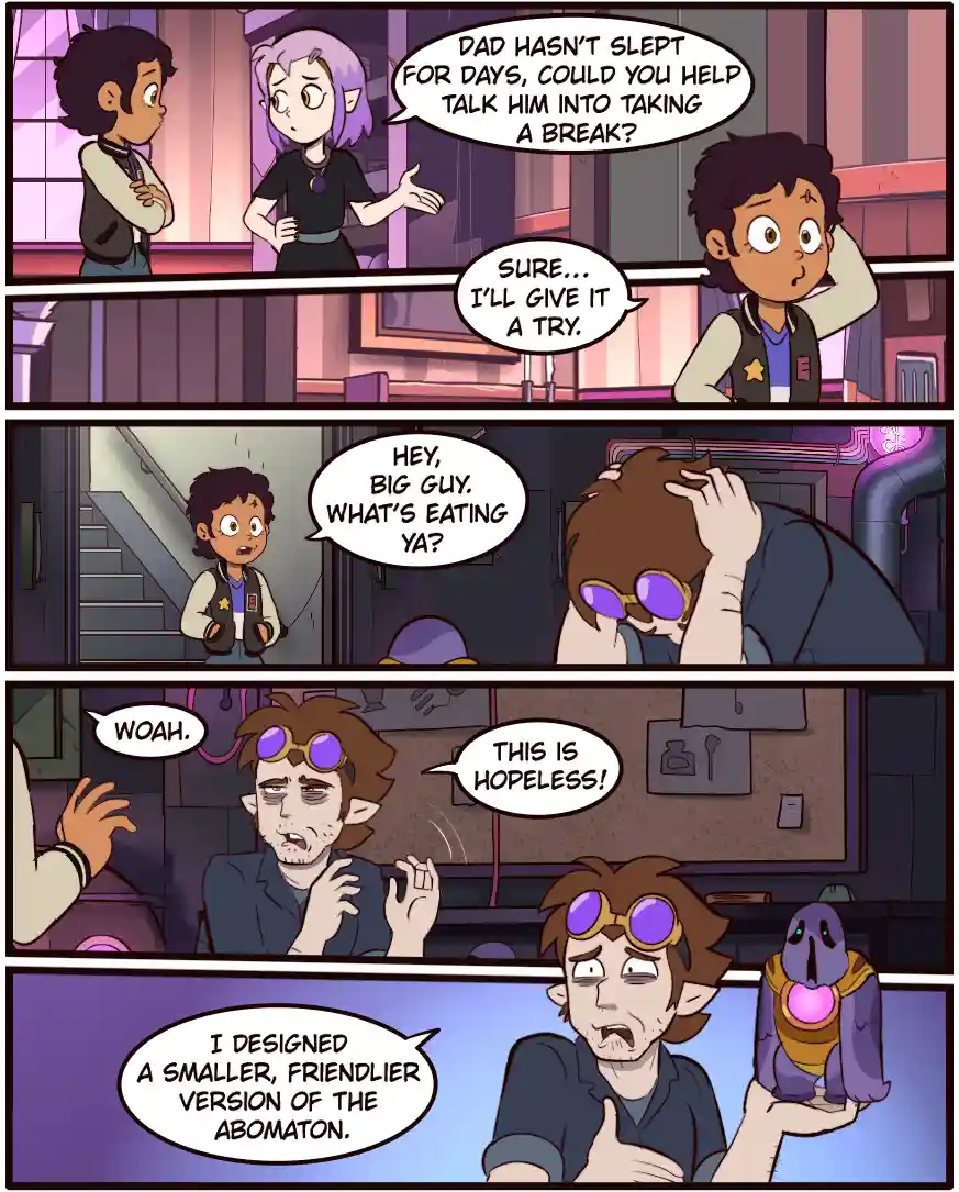 A four-panel comic strip from 'The Owl House' shows a character asking another to help their exhausted dad. The second…