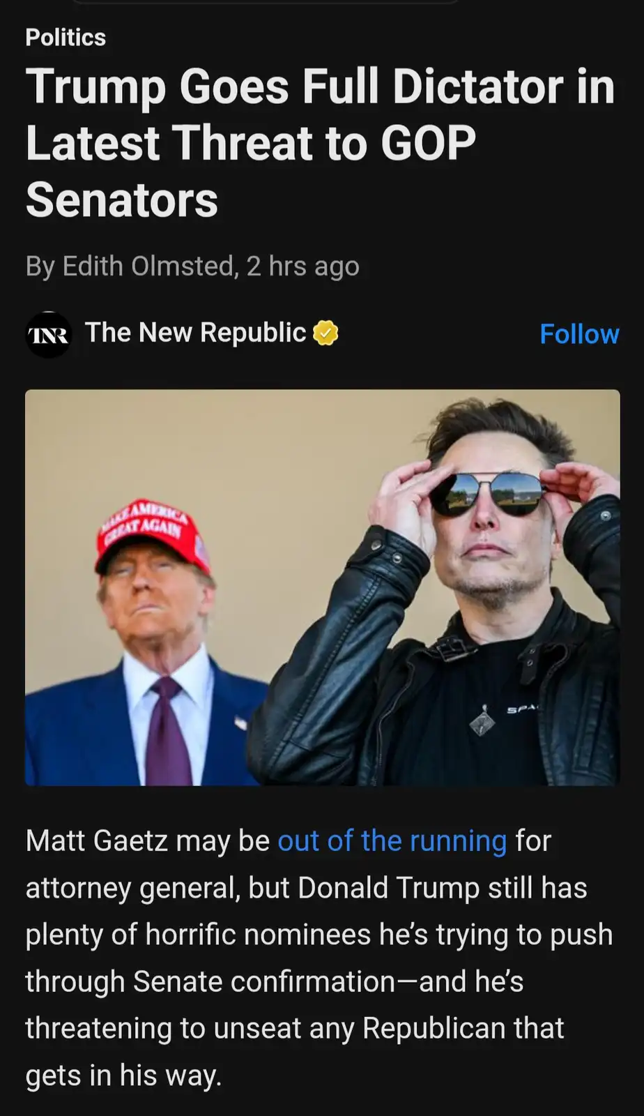 An image shows Donald Trump wearing a red MAGA hat in the background, while Elon Musk, in a black leather jacket and…