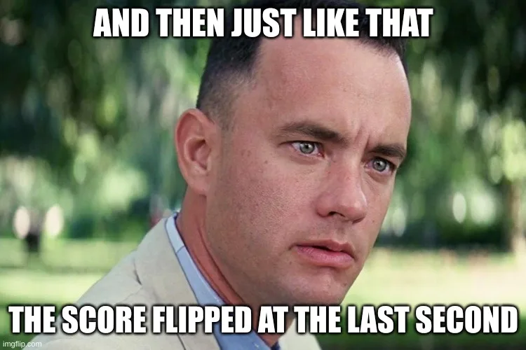 A close-up of actor Tom Hanks with a deadpan, slightly confused expression, overlaid with bold white text reading 'AND THEN…
