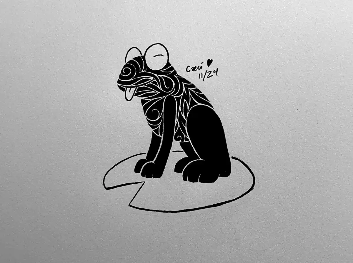 A black and white line drawing shows a stylized frog sitting on a lily pad, with intricate swirling patterns filling its…