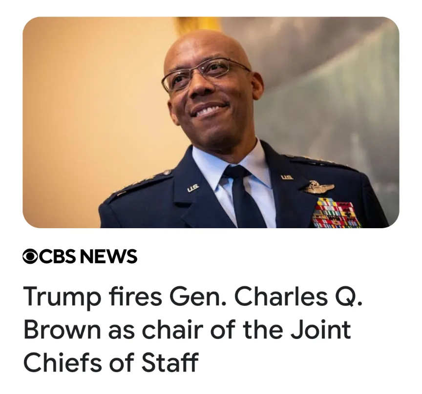 A photo of General Charles Q. Brown in a U.S. Air Force uniform with medals, smiling, overlaid with a CBS News headline…