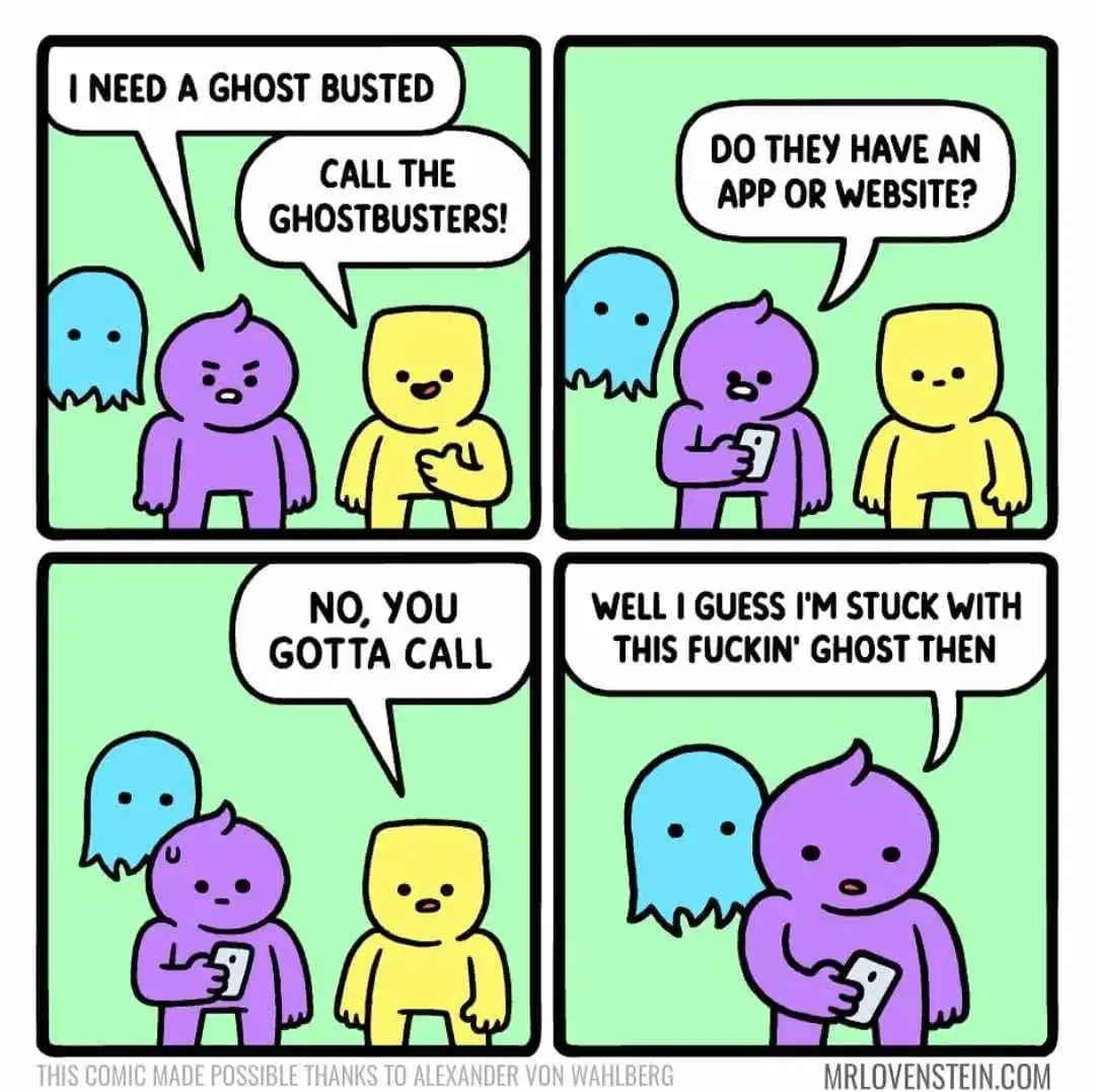 A four-panel comic strip featuring three cartoon characters: a purple one, a yellow one, and a blue ghost. In the first…