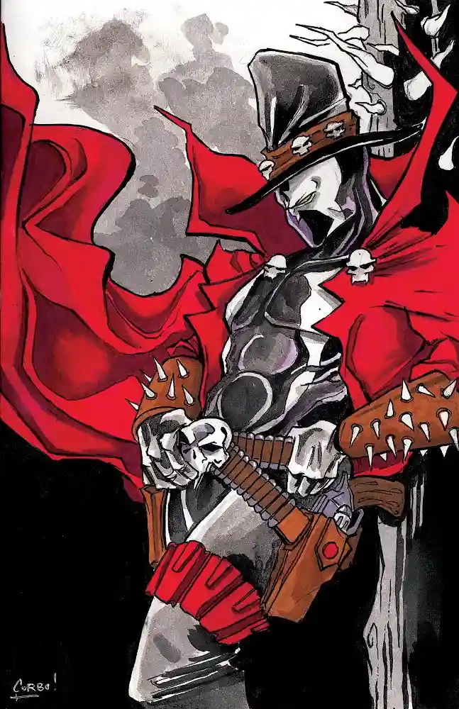 A skeletal, muscular character in a black top hat and flowing red cape, holding a spiked weapon, stands against a dark…