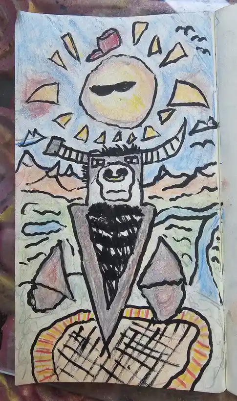 A child's crayon drawing shows a large, stylized sun with a face and jagged rays above a figure wearing a striped scarf and…