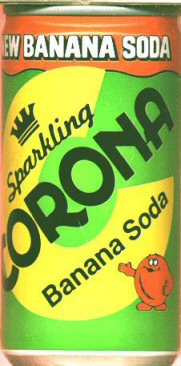 A close-up of a green and yellow soda can labeled 'Sparkling CORONA Banana Soda' with a small orange cartoon character. The…