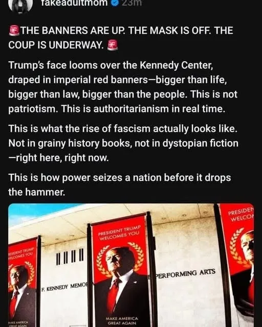 A screenshot of a social media post by 'takeadultmom' shows three large red banners with portraits of Donald Trump and the…