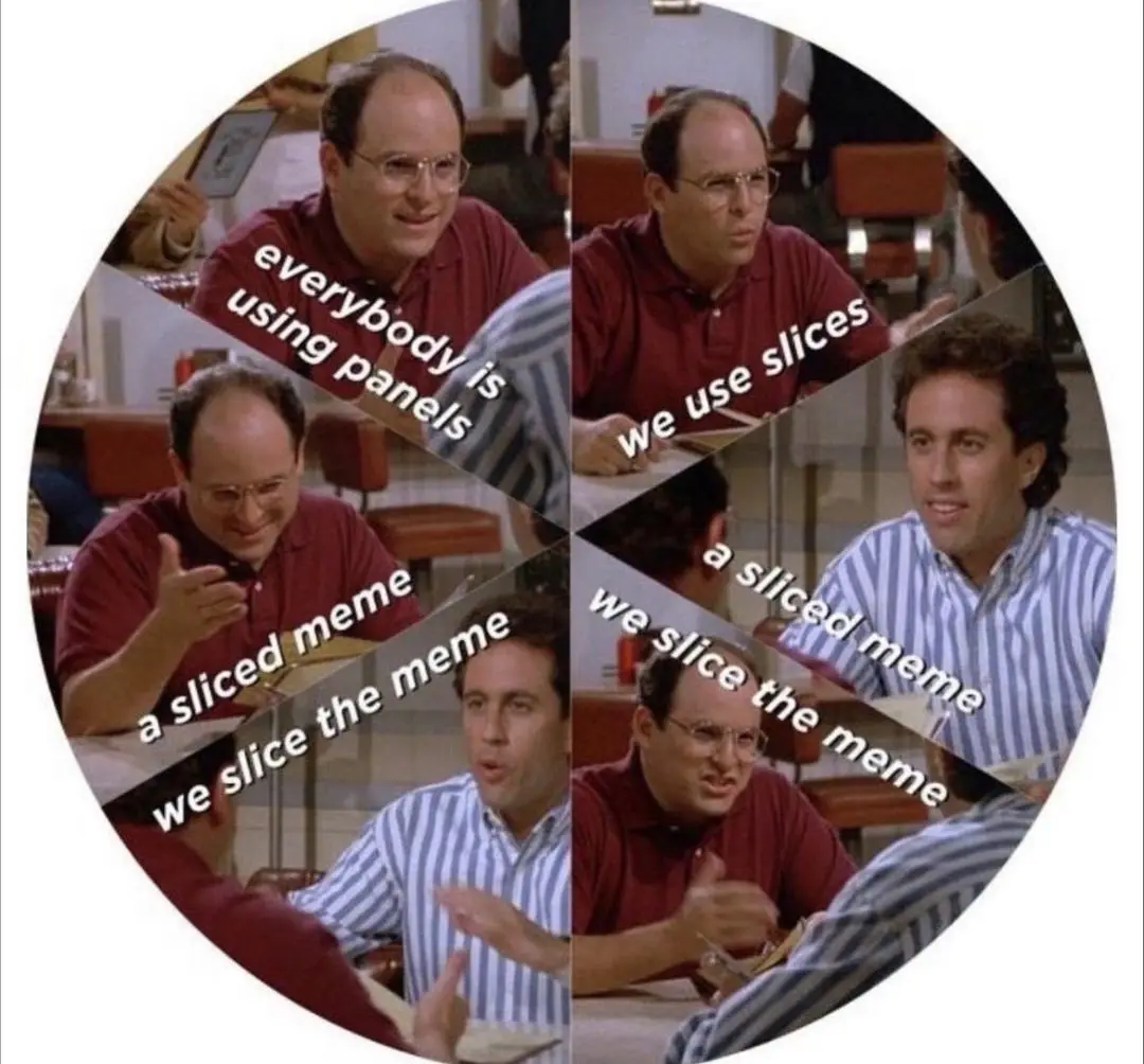 A circular collage of four panels from the TV show 'Seinfeld' featuring George Costanza and Jerry Seinfeld. George, in a red…