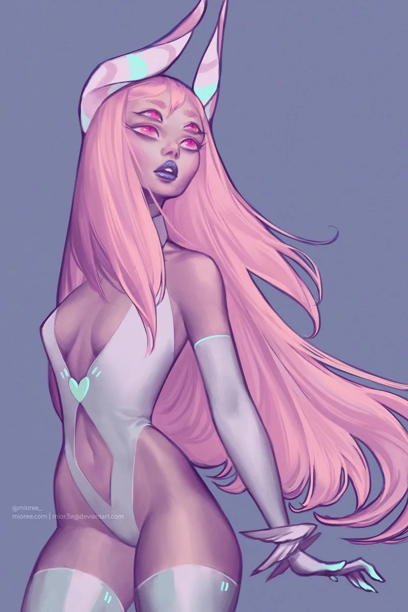An anime-style illustration of a pink-haired female character with large, pointed ears, glowing pink eyes, and a revealing…