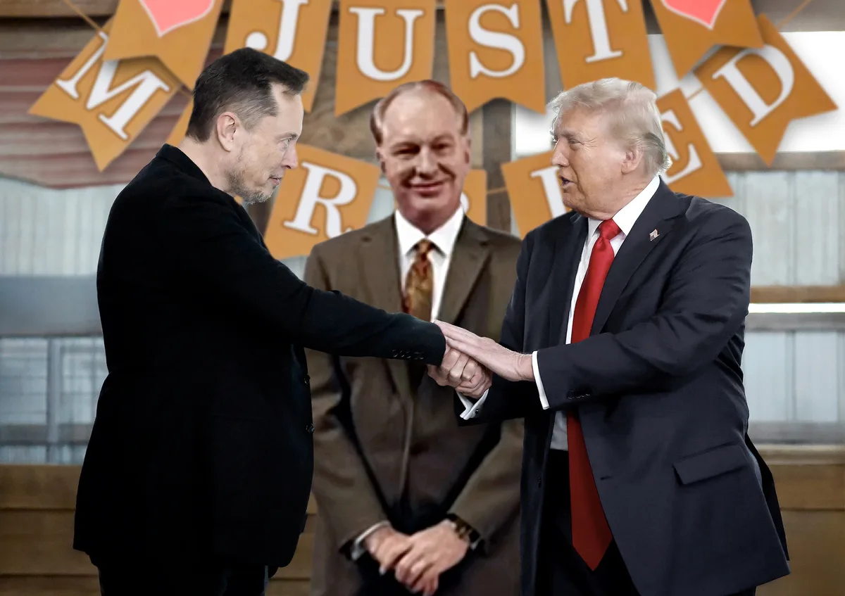 Two men in suits shake hands while a third man stands behind them smiling. A banner in the background reads 'JUST'. The…