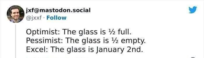 A screenshot of a social media post showing a text-based joke comparing an optimist, a pessimist, and Excel. The optimist…